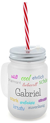 printplanet® - Trinkglas mit Henkel und Strohhalm - Bedruckt mit Namen Gabriel Layout Positive Eigenschaften - Henkel-Glas satiniert mit Deckel und Mehrweg-Trinkhalm