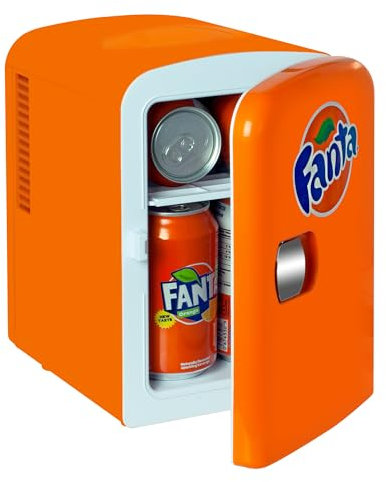 Coca-Cola Fanta 4L Mini Fridge, 6 Can Portable Cooler/Warmer, Compact Personal Travel Fridge for Snacks Lunch Drinks Cosmetics, 12V and AC Cords, Desk Accessory for Home Office Dorm Travel, Orange
