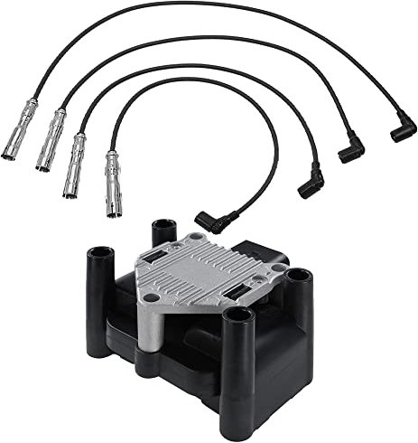 BESTPRICE 1x Zündspule 4-polig Zündmodul + 4x Zündkabelsatz Zündleitung Passend für SEAT AROSA (6H1),INCA (6K9),VW CADDY II Kasten (9K9A),LUPO I (6X1, 6E1),POLO (6N2),POLO III CLASSIC (6V2)(6V5)