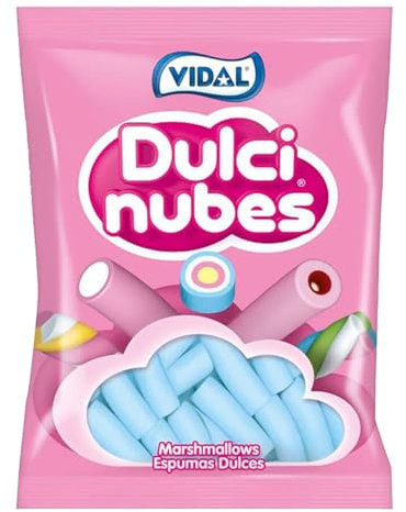 Vidal Golosinas. Dulcinubes. Nubes de chuche esponjosas y blanditas sabor frambuesa. Color azul. Sin Gluten. Sin Grasa. Bolsa con 125 unidades.