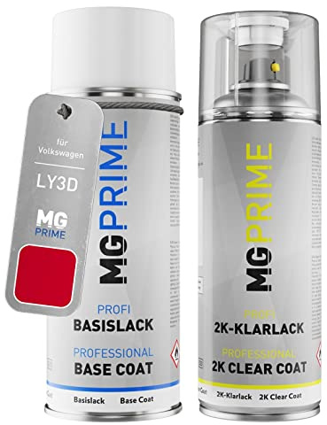 MG PRIME Autolack Spraydose für Volkswagen LY3D / Y3D / G2 Tornadorot +2K | für Volkswagen VW, Tornado Red, Set aus Basislack + 2K Klarlack, Sprühdosen 400ml