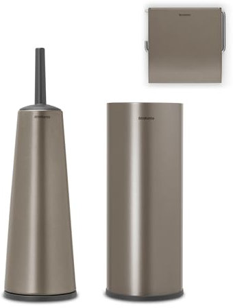 Brabantia 3 Piece Toilet Accessory Set, Toilet Brush & Holder, Toilet Roll Holder & Toilet Roll Dispenser (Drill/No Drill Wall Mounting), Platinum