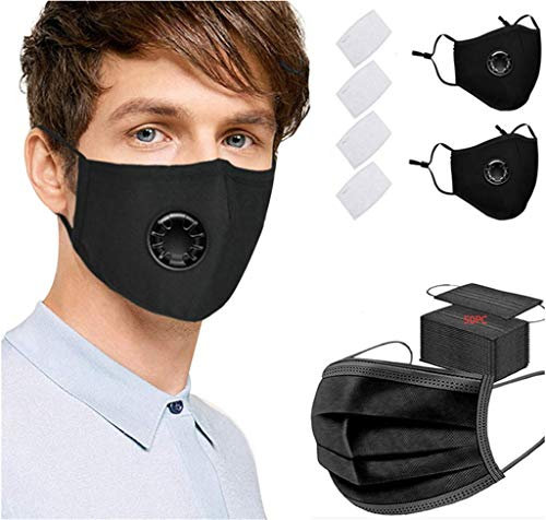 AmyGline 2 Stück Outdoor Baumwolle-Gesichtsschutz-Mundschutz,mit 12 Aktivkohlefilter,Wiederverwendbar,Waschbar,Anti-Staub,Atmungsaktiv,Schwarz,für Motorrad,Laufen