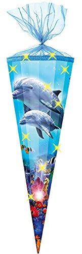 Schultüte Größenwahl Delfinfamilie/Fische - 100 cm / 12 eckig - Organza Abschluß - Zuckertüte - mit/ohne Kunststoff Spitze - für Mädchen & Jungen - De..