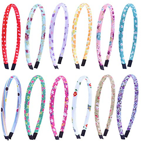 Serre-tête Enfant Fille Fleurs, Candygirl 12 Pièces 1CM Serre Tete Floral en Coton Bandeaux Multicolores en Polyester Cheveux Accessoires Bébé pour Rentrée Scolaire Halloween Noël Fête