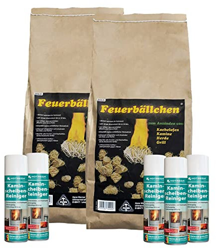 HOTREGA Kaminscheibenreiniger 5x 300ml | Selbsttägiger Kaminglasreiniger | Löst Ruß, Rauchharz und Fett selbsttätig | inkl. 5kg Feueranzünder
