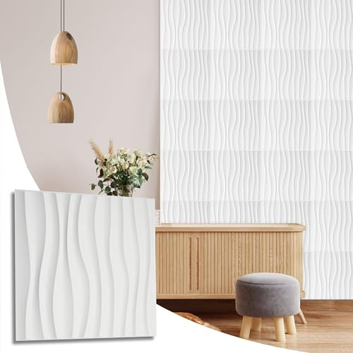 NOVECRAFTO Wave Flow Effect 3D Wall Panels Pack of 12 Sheets Covering 32.29 sq ft (3 sqm), Decorative Cladding Panel Size 19.7 x19.7 (50x50cm) PVC Wall Panel in White with Wave Flow Design