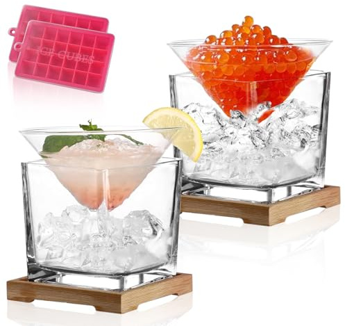 USEEKRIL Martini-Gläser ohne Stiel, 2er-Set mit Kaviar-Kühler, elegantes Bar-Cocktailgläser, Geschenkset für Manhattan, Margarita, Martini, Cosmopolitan