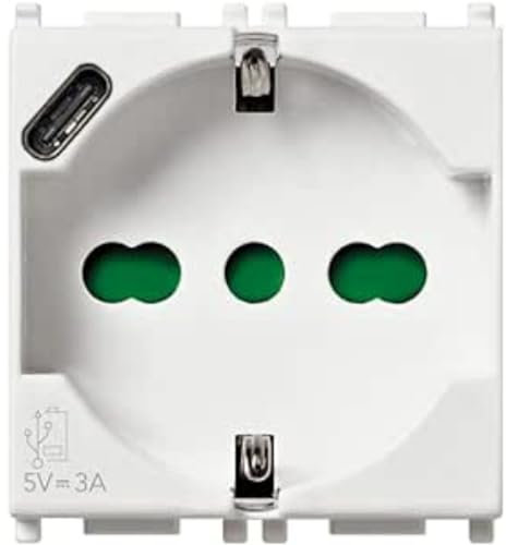 Vimar 14210 Plana Presa 2 Moduli SICURY 2P+T 16 A 250 V Universale Standard Italiano P40 e Uscita USB Tipo C 5V e 3 A per la Ricarica Rapida, Bianco