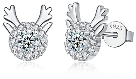 Loutade Silber Weihnachten Ohrringe Damen, 925 Sterling Silber Weihnachts Ohrstecker, Silber Elch Weihnachts Ohrstecker mit Zirkonia, 8mm Süße Knorpel Schlafen Ohrringe Stecker zum Weihnachten