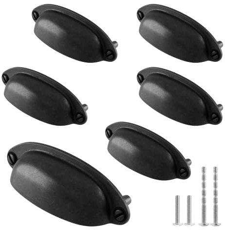 Kyuionty 6 Pack Antique Black Drawer Pull Handle Knobs Metal Cup Pull 3.5 Hole Centers, Vintage Shell Pull Handles for Kitchen Cabinet Dresser Furniture