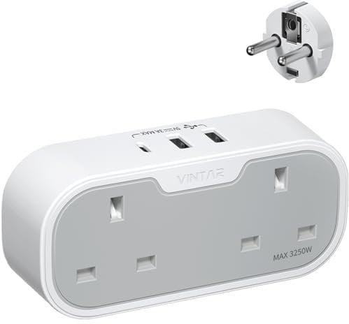 UK to European Plug Adapter, VINTAR 2 Way Grounded Schuko Europe Travel Adapter with 2 USB A 1 USB C Ports, Double Plug Adaptor UK to EU for Germany France Spain Russia and More (Type E/F),1 Pack