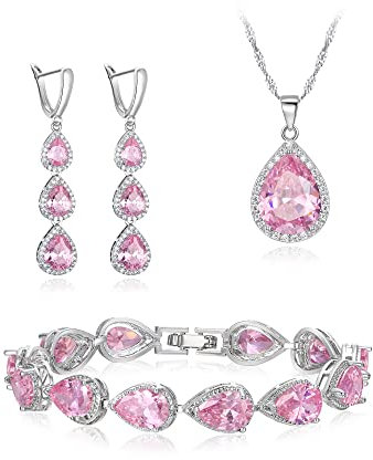 Clearine Schmuck Set für versilbert klar Teardrop kubischer Zirkonina Halskette Lange Ohrringe und Armband für Damen Braut Party Rosa Silber Ton