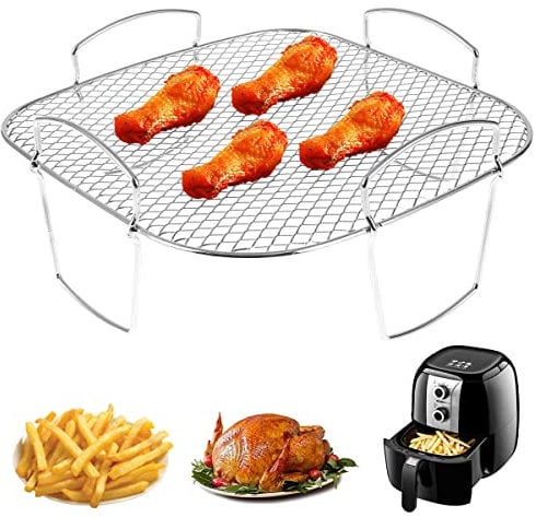 Keyohome 2PCS Air Fryer Double Layer Grilling Rack with 4 Skewers, Multi-Purpose Dual Air Fryer Accessories, Stainless Steel for Barbecue, Roasting Oven (Silver, E)
