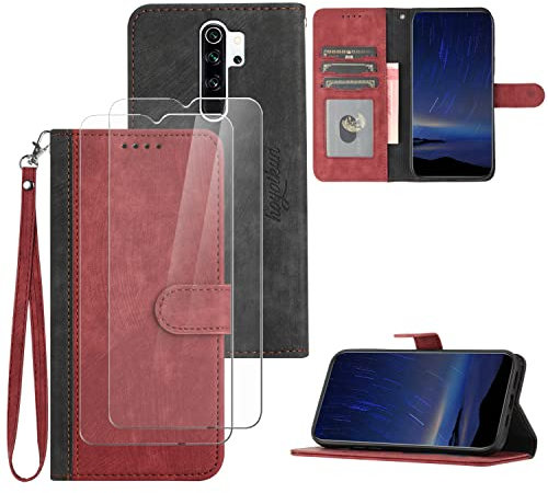 Hoyoikun Handyhülle Kompatibel Mit Redmi Note 8 PRO,[Verschenke 2 Stück Full Screen Schutzfolie],Premium PU Leder Flip Case,Magnetverschluss,Standfunktion, Kartenschlitz-rot