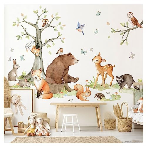 DEKO KINDERZIMMER Wandsticker XXL Waldtiere mit Baum Wandtattoo für Babyzimmer Wandaufkleber Kinderzimmer Wanddeko DK1109-5