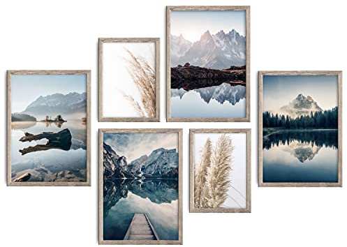 decomonkey 6er Poster Set hellbrauner Rahmen, Natur, 2x A4 & 4x A3 | 2x DIN A4 & 4x DIN A3, Landschaft, Wohnzimmer, Schlafzimmer, Wandposter, Bilder, Collage, Modern, Wanddeko, Berge, See, Blau