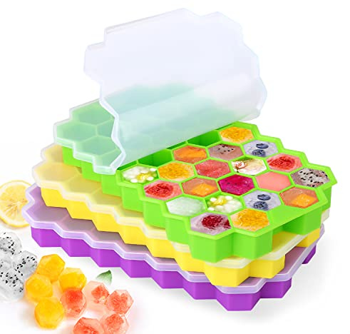 VoJoPi Ice Cube Tray, 3 Pack Silicone Ice Cube Moulds with Stackable Lids, Easy Release Silicone and Each Makes 37 Hexagonal Ice Cubes, Keep Gin, Drinks, Whiskey, Cocktails Cool and Fresher