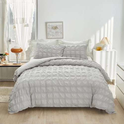 YASMENG Seersucker Bettwäsche 200x200 Sommer Grau Kariert Bettbezug Set Kuschelig Weich Atmungsaktiv Mikrofaser Bettwäsche Modern Bettwäsche 3 Teilig mit Reißverschluss und 2 Kissenbezüge 80x80 cm