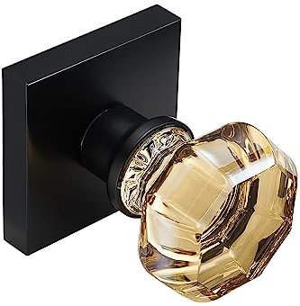 SNBTLA Champagne Gold Dummy Door Knob Set – 2 Pack Crystal Decorative Non-Turning Handles with Matte Black Square Rosette – Ideal for Closet, French Doors, Pantry, Cabinet