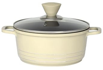 Die Cast Stockpot - Aluminium Non Stick Coating Cooking Pot -Induction Stock Pot with Tempered Glass Lid with Steam Vent -Dishwasher Safe- (20-24- 28-32 cm) (20cm, Cream)