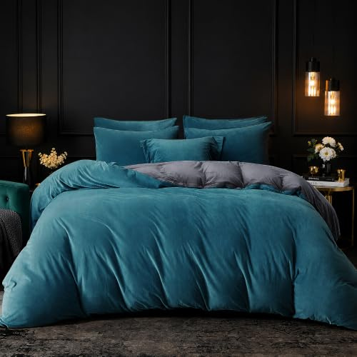 Luowei Fleece Bettwäsche 155x220 cm Plüsch Winter 3-teilig Wende, Petrol | Feine Weiche Haptik Bettwäsche Set für Kuschelige Wärme Winter, 200 g/m², mit Reißverschluss und 2 Kissenbezüge 80x80cm