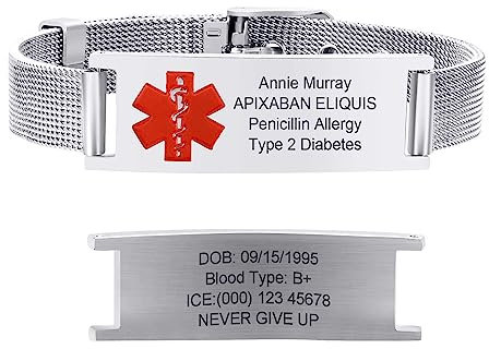 PJ JEWELLERY Personalised Women's Emergency SOS Bracelet - Customised Medical ID Bracelet With Free Engraved Mesh Wire Belt Buckle, Adjustable