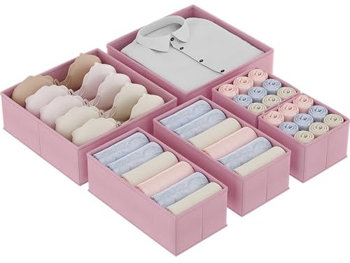 Vantimo 6 scatole portaoggetti per cassetti, organizer per biancheria intima, organizer per cassetti, pieghevole, in tessuto per calze, biancheria intima, reggiseni, cravatte e sciarpe, rosa