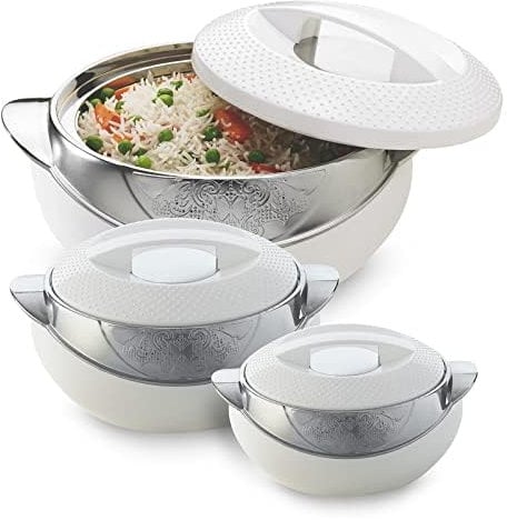 Double Walled Casserole Set of 3 Hot Pot Hot Case BPA Free Food Grade Easy to Carry Easy to Store Ideal For Chapatti Roti Curd Maker - 1800 ml, 1180 ml and 650 ml - White