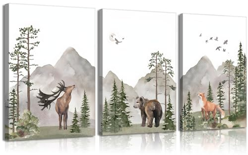 YBARTZQ Woodland Wandbild für Kinderzimmer, Wildtiere, Wald, Wanddekoration, Drucke, Abenteuer-Thema, Leinwandposter, Hirsch, Bär, Fuchs, Aquarellbilder, Gemälde für Jungenzimmer, Mädchenzimmer, 3