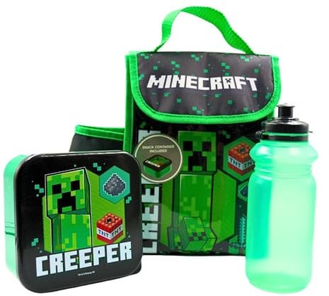 Minecraft 3 Piece Lunch Bag Set One Multi Compartment Bento Lunch Box, One 400ml Sipper Water Bottle with PEVA Insulated Lunch Carry Bag & Drinks Holder | Gift for Fan Officially Merchandise