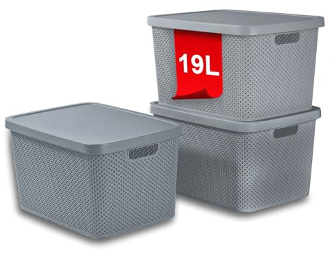 astor24 PREMIUM 3er XXL Set Aufbewahrungsbox Korb mit Deckel Organizer Ideal für Büro, Kleiderschrank, Schrank, Küche & Haushalt (Grau, 3er Set 19 Liter)