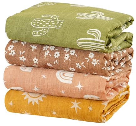 CoolaPeach 4 Set Muslin Swaddle Blankets for Newborn Baby Boys, Girls,Receiving Blankets-Cute Soft Print Baby Towel Wrap 120x110cm Baby(Cactus)