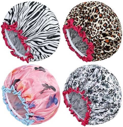 Yoosit 4 PACK Double Layer Waterproof Reusable Satin Shower Caps with Adjustable Bath Hair Caps Stretchy EVA Bathing Hats Bonnets Curly Long Braids Hair for Women Girls (pack of classic)