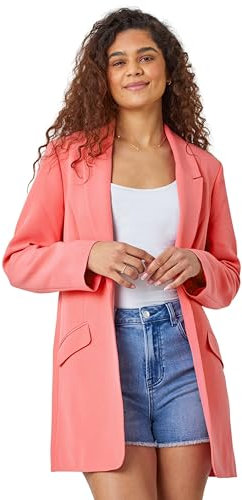 Roman Originals Longline Blazer Jacket for Women UK - Ladies Everyday Holiday Spring Summer Full Length Sleeves Comfy Soft Evening Vacation Work Party - Coral - Size 16