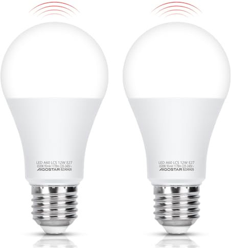 Aigostar LED Lampe E27 mit bewegungsmelder, 12W Glühbirne mit Bewegungsmelder, Kaltweiss 6500K, 1170 Lm, Automatische On/Off LED Glühbirne für für Flure, Garage, Treppen, Balkon, 2 Stück