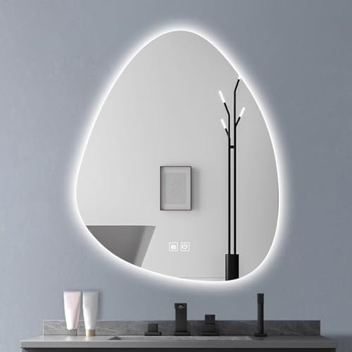 CEIEVER Miroir de salle de bain LED asymétrique avec éclairage 3 couleurs de lumière à intensité variable - Miroir de salle de bain LED avec interrupteur tactile et fonction anti-buée - Pour salle de