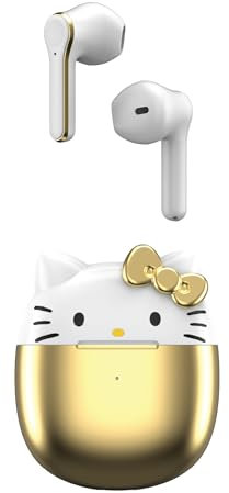 Hello Kitty Auricolari wireless Bluetooth con custodia di ricarica, microfono integrato, facile da abbinare, design carino, oro e bianco, perfetti per bambini e ragazzi