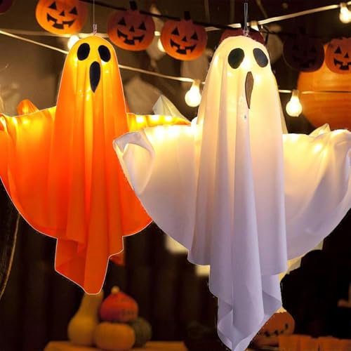 Starnearby Halloween Deko Outdoor, LED Hängende Geister 50CM, Lichterketten Halloween Geist Hängende Dekoration für Party, Terrasse, Rasen, Garten, Vorgarten Deko (1Pcs Weiß + 1Pcs Orange)