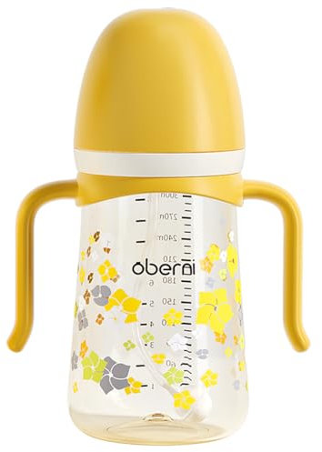 Oberni PPSU - Vaso para bebés con boquilla de válvula en V a prueba de fugas con popote pesado para niños de 6 a 12 meses, mango de fácil agarre, tapa contra el polvo (300 ml, amarillo, paquete de