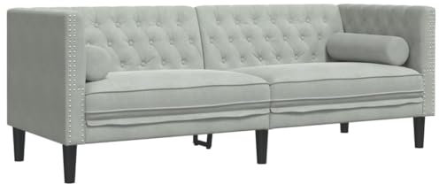 vidaXL Chesterfield Sofa mit Nackenrollen 3-Sitzer, Couch mit Armlehnen Rückenlehne Stützbeine, Polstersofa für Wohnzimmer, Couchgarnitur, Hellgrau Samt