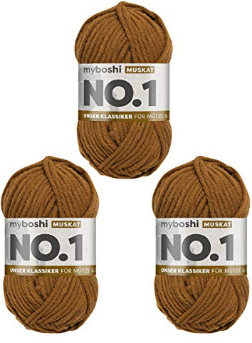 myboshi No.1 Wolle zum Häkeln und Stricken, Schnellstrickgarn, langlebige Mützenwolle, Strickwolle, Häkelwolle, mulesing-frei, 50g, Ll 55m Braun (Muskat) 3 Knäuel