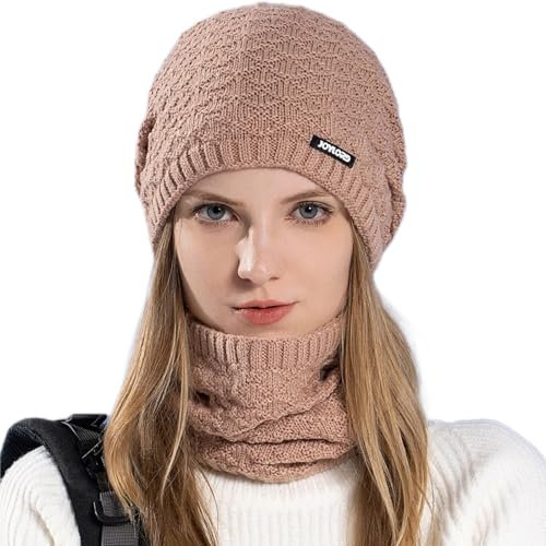 Djfkey Wintermütze Strickmütze mit scarf Damen Herren Warme Mütze Beanie Herbst Winter Schal und Mütze Set 54-60CM Damenmützen (Standard, rosa)