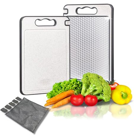 Tabla de cortar de acero inoxidable, paja de trigo de doble cara y tabla de cortar de titanio con ranura para jugo, mango de fácil agarre, duradera, antideslizante, tabla de cortar de titanio para