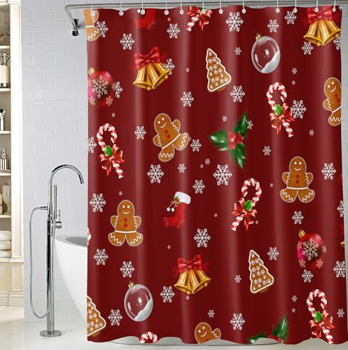 M&W DasDesign Weihnachtlicher Duschvorhang Festliches Design mit Lebkuchenmännern, Zuckerstangen und Glocken, wasserabweisender Polyester-Duschvorhang für das Badezimmer, maschinenwaschbar, 180x200 cm