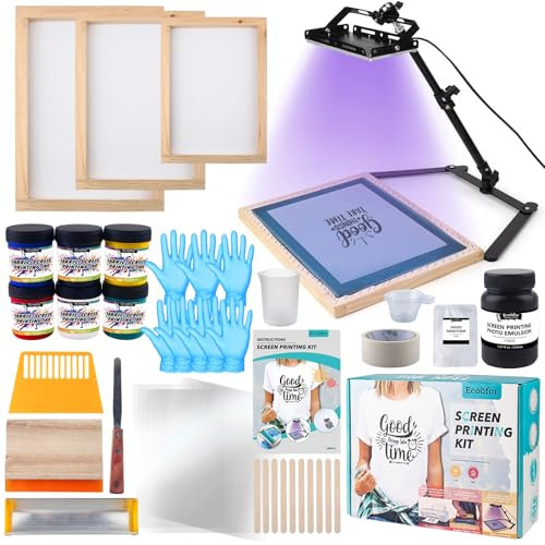 Ecoofor Screen Printing Kit – 53pcs All-in-One Set with 50W UV Exposure Lamp,3 Size Wood Screen Printing Frames, 6 Colors Screen Printing Ink, 15 A4 Size Inkjet Transparency Films