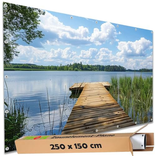 TRIOSK Sichtschutz Garten Deko Zaun Plane Blickdicht groß mit Zaunblende Motiv Schilfsee Holzweg Badesteg für Balkon Terrasse Zaunelement Doppelstabmatten Gartenzaun PVC 250x150 cm