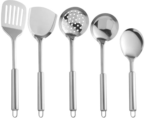 Sporgo Juego de utensilios de cocina de acero inoxidable: juego de 5 utensilios de cocina de acero inoxidable, juego de cucharones de cocina, utensilios de cocina con cucharón, espumadera, espátula