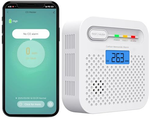 Smart CO-Melder WiFi-Kohlenmonoxiddetektor 10 Jahre Battery, Echtzeit-Push-Benachrichtigungen über Tuya & SmartLife Security App, digitales LCD-Display, für Wohnungen, Häuser, Büros (1er Pack)