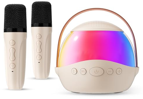 Mini Karaoke Machine Gifts for Kids Adults, Portable Karaoke Speaker with 2 Wireless Microphones, Kids Microphone with Speaker, Birthday Gifts for Girls Boys 3-12+ Year Old (Beige)